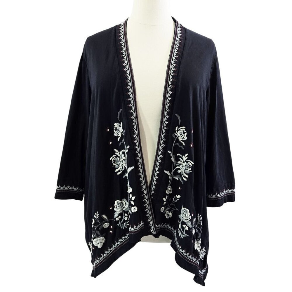 Coldwater Creek 100% Black Floral Embroidered Open Front Lightweight Cardigan